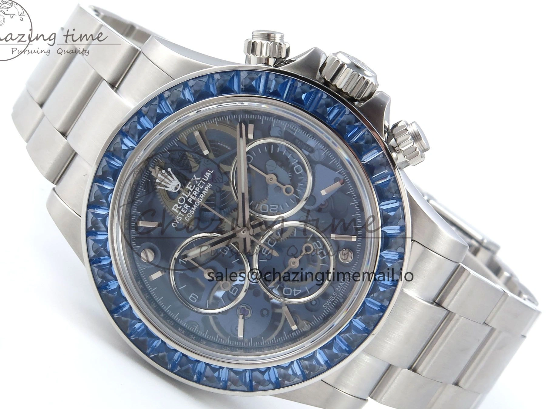 0124 Daytona Artisans SS GETF Best Edition Blue Skeleton Dial Diamonds Bezel on SS Bracelet DD Sleek 371